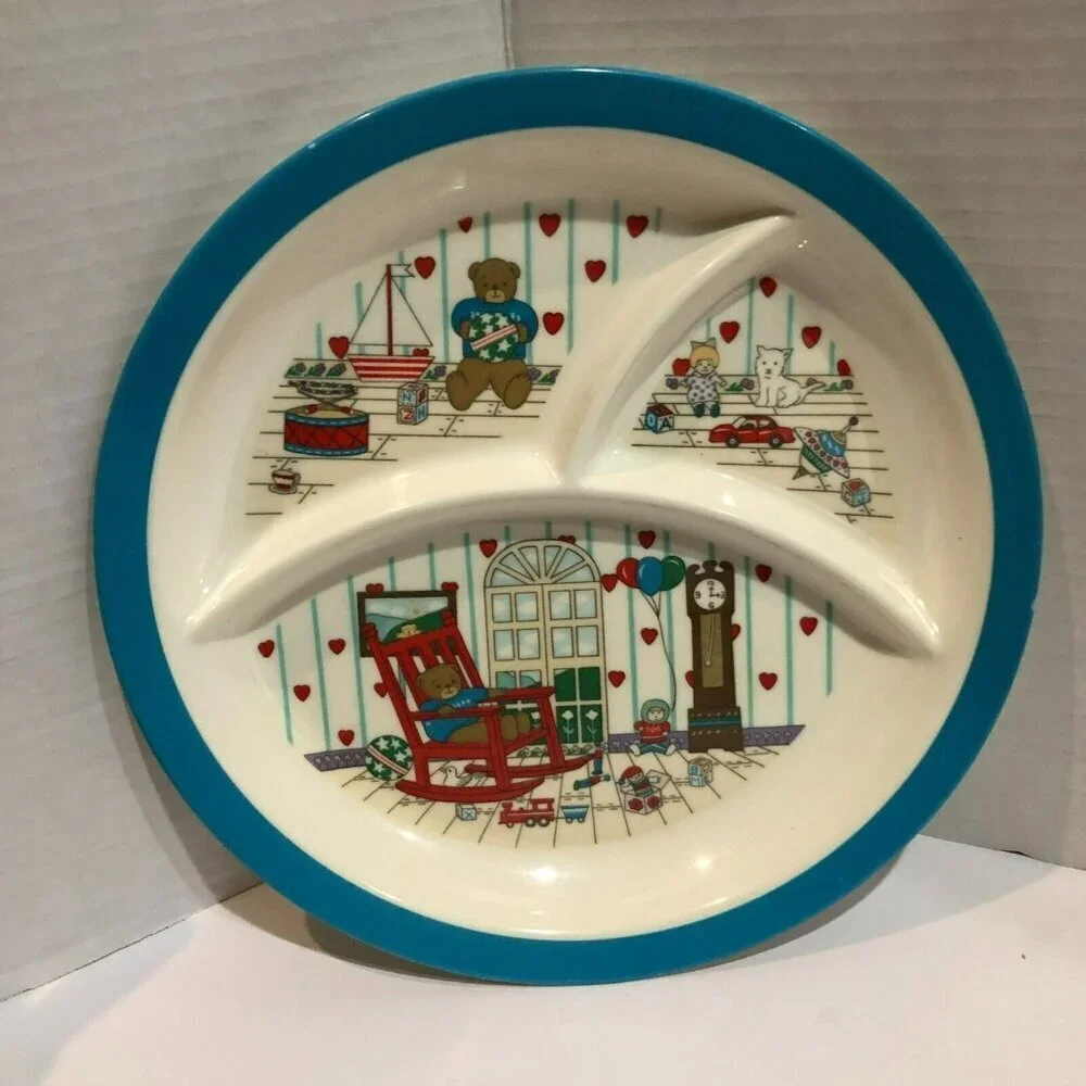 Teddy Bear 10” Plate 3 Compartment Round Melamine Vintage Taiwan